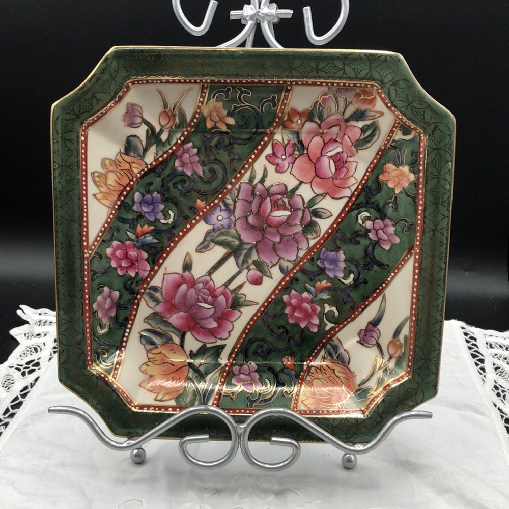 Vintage Andrea by Sadek Ceramic Decorative Plate, Trinket Dish Greens and Pinks